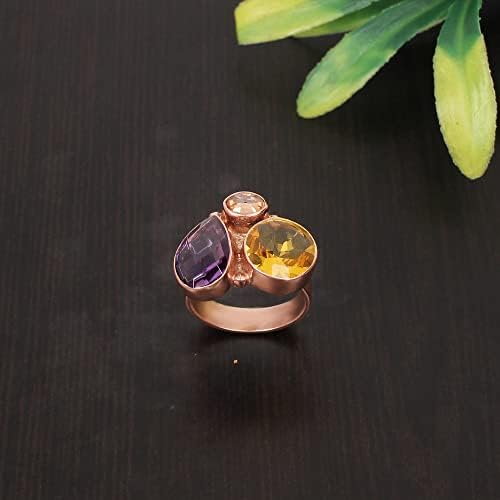Виолетовият аметистовое хидро-шампанско и цитрин от розово злато, латунное пръстен ръчно изработени със скъпоценни камъни