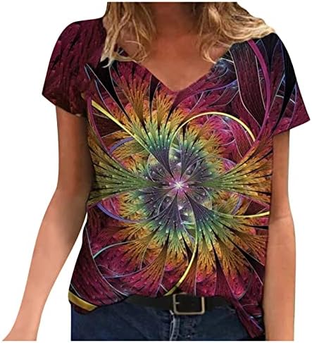 Женска Тениска с Къс Ръкав 2023, Памучен Тениска с Дълбоко V-образно деколте и Цветен Модел в стил Киберпънк, Лятна Есенна