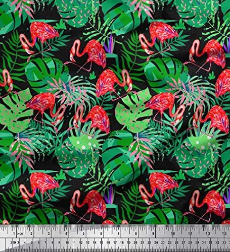 Памучен трикотажная плат Soimoi с тропически листа и принтом птици фламинго ширина 58 см