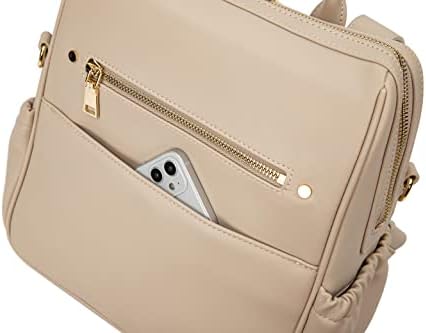 Раница YUUMA Mini за памперси - Минималистичная чанта от висококачествена веганской на кожата с 7 вътрешни и 5 външни джоба (цвят слонова кост)