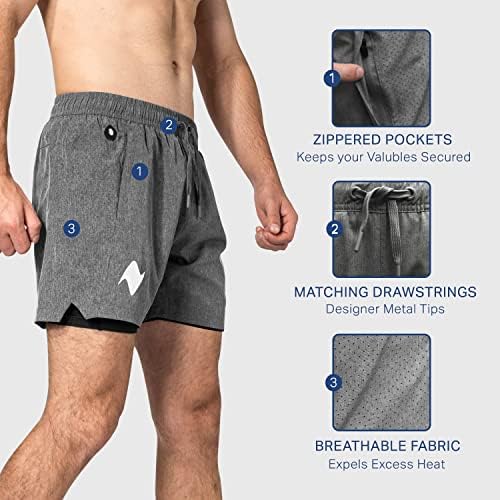 Мъжки спортни къси панталони Zilpu, Леки Мъжки Спортни шорти за тренировки, 2 в 1 с джоб с цип - Дължина по вътрешния