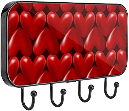 VIOQXI 3D Red Hearts Love с шарките на Деня на Свети Валентин, Стенни Закачалка за дрехи с 4 Куки, Самозалепващи Куки за закачане на връхни Дрехи, Ключове, Кърпи, чанти, Шапки, По?