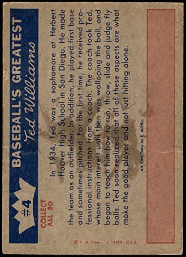 1959 Fleer 4 Изучава тънкостите на играта Тед Уилямс Boston Red Sox (Бейзболна картичка) VG+ Red Sox