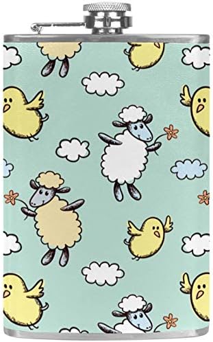 Фляжка за Алкохол от Неръждаема Стомана Запечатани с Фуния 7,7 унция в Кожа Джоба една Чудесна Идея за подарък Фляжка - Spring Sheep & Birds