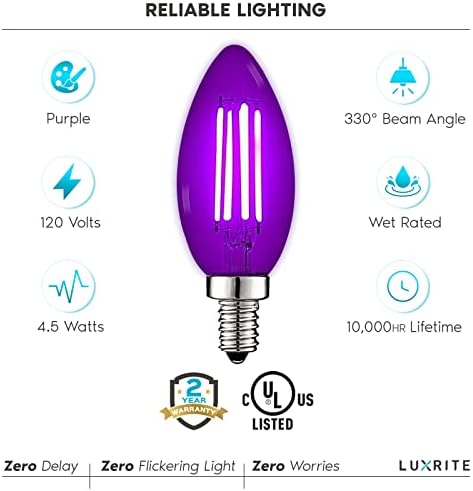 Led лампи с нажежаема жичка Luxrite E12 лилав цвят, 4,5 W (еквивалент на 40 Вата), Свещници от цветно стъкло, в Списъка
