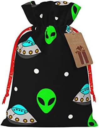 Чанти за коледни подаръци с завязками, чанти за опаковане на подаръци с извънземен НЛО-зелен цвят, чанти за опаковане